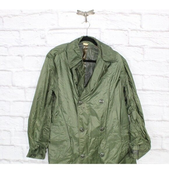 Nylon Green Rubber Coated Button Down Lined Long Raincoat Size 38 - Picture 2 of 10